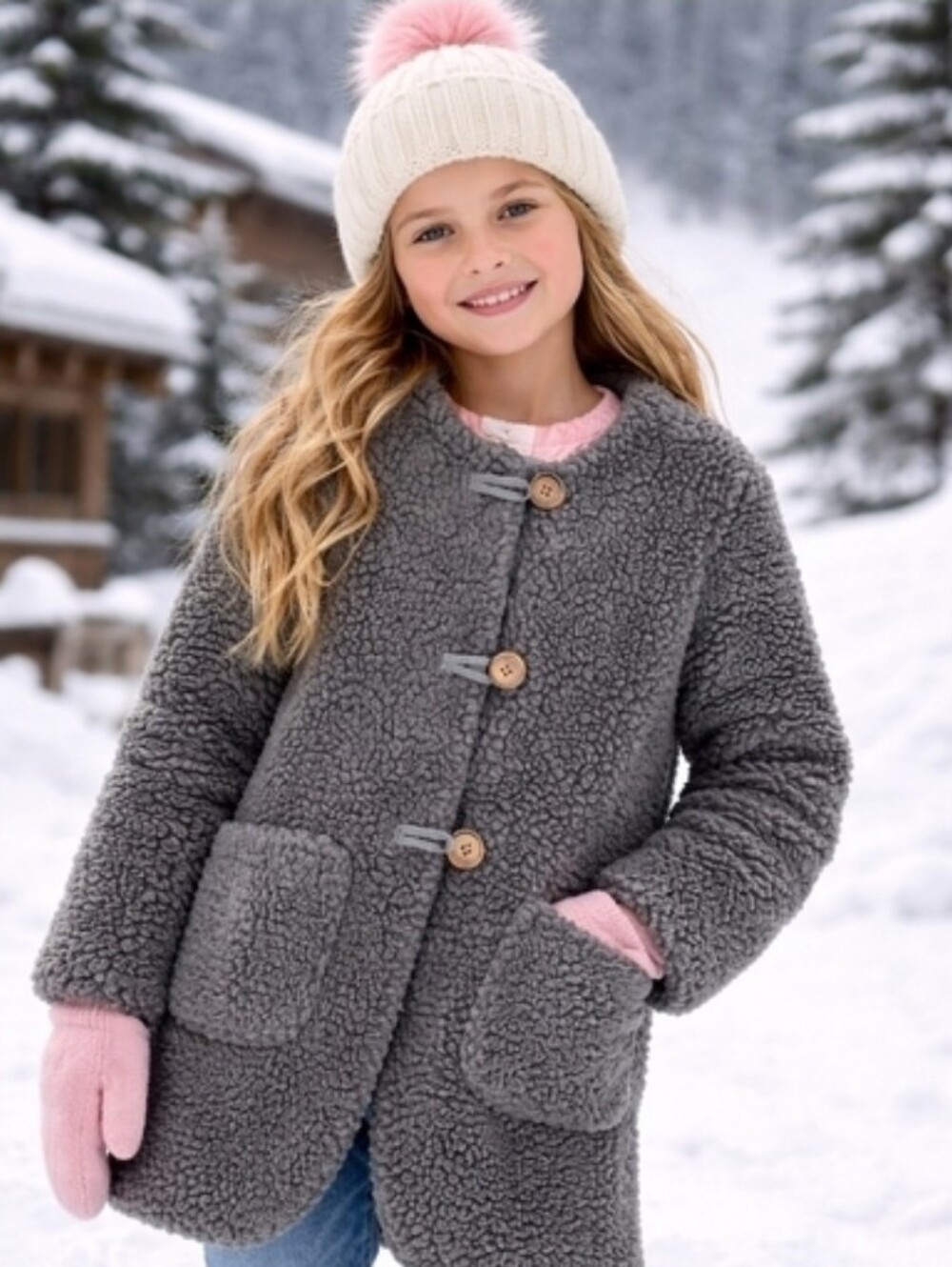 Hanna Andersson Sherpa Teddy Fleeze Girls Coat Sz 110 (US 5) Artifact Gray Pink